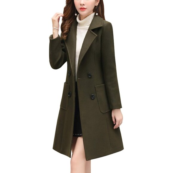 Women's Army Green Elegant Notched Collar Double Breasted Wool Blend Over Coat - Picture 1 of 5